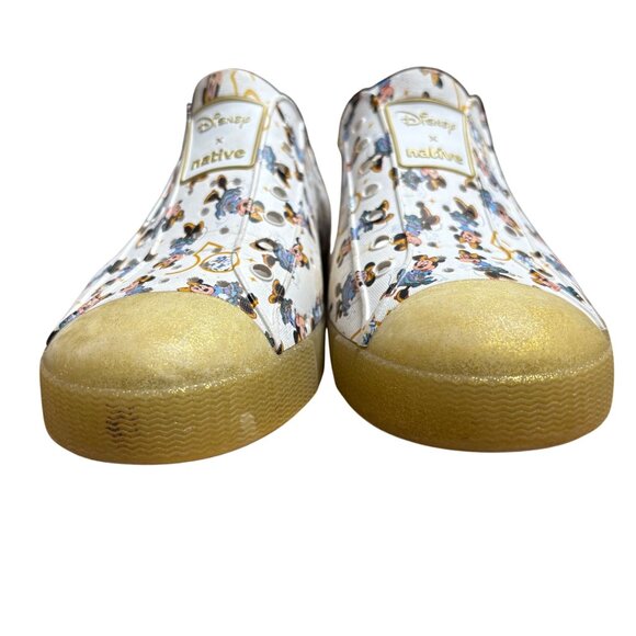 Disney X Native Mickey Mouse Print Slip-On Shoes With Gold Toe Cap Kids Size J3 - Picture 2 of 6
